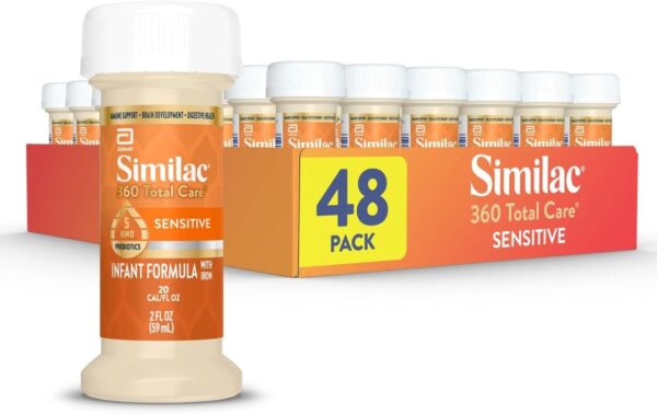 Similac 360 Total Care Sensitive Infant Formula for Fussiness & Gas Due to Lactose Sensitivity, Has 5 HMO Prebiotics, Baby Formula, Ready to Feed, 2-fl-oz Bottle, Pack of 48