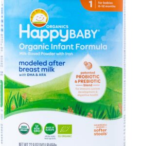 Happy Baby Organics Stage 1 Infant Formula, 0-12 Months, Milk Based Organic Baby Formula Powder with Iron, Probiotics & Prebiotics for Immune & Digestive Support, 22.9 Ounce (Pack of 1)