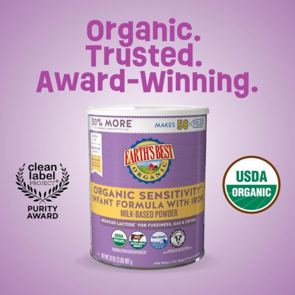 Earth's Best Organic Sensitivity Infant Formula for Babies 0-12 Months, Reduced Lactose Powder Formula with Iron, Omega-3 DHA, and Omega-6 ARA, 32 Ounce Value Container : Baby - Image 3