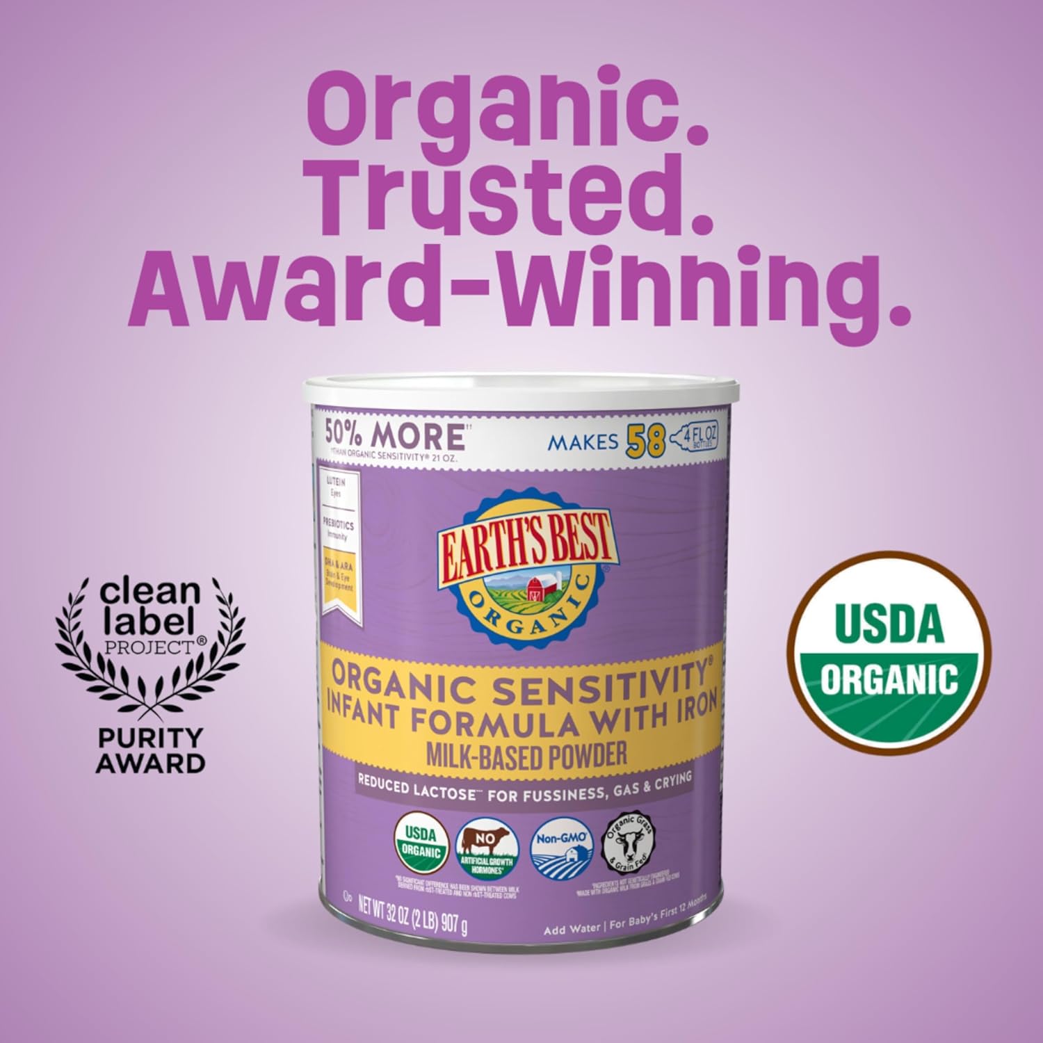 Earth's Best Organic Sensitivity Infant Formula for Babies 0-12 Months, Reduced Lactose Powder Formula with Iron, Omega-3 DHA, and Omega-6 ARA, 32 Ounce Value Container : Baby - Image 3