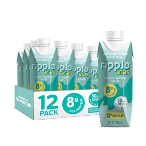 Ripple Kids Unsweetened Plant Based Milk | Pediatrician Recommended | 8g Pea Protein | Shelf Stable | Vegan & Non GMO Certififed | Dairy, Soy, Nut, Gluten, and Lactose Free | 8 Fl Oz (Pack of 12) : Grocery & Gourmet Food