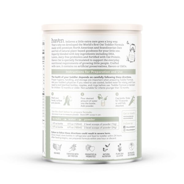 Haven Oat Toddler Formula, Plant Based Dairy Free Oat and Oat Protein Powder for Toddlers With Probiotics, Prebiotics, Lutein and Omega 3 Dha, Easy Digestion Formula, Non GMO, American Made, 14.1 Oz : Baby - Image 7
