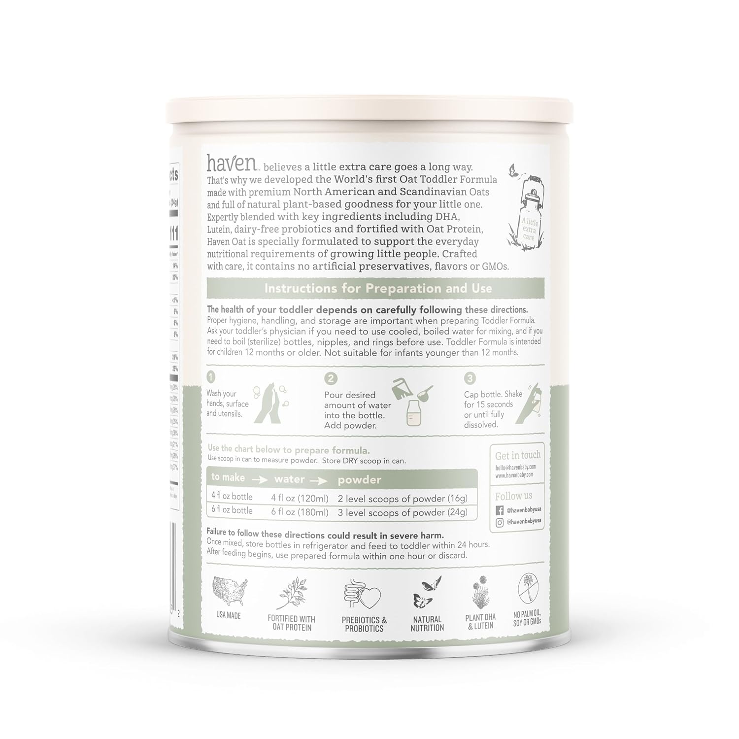 Haven Oat Toddler Formula, Plant Based Dairy Free Oat and Oat Protein Powder for Toddlers With Probiotics, Prebiotics, Lutein and Omega 3 Dha, Easy Digestion Formula, Non GMO, American Made, 14.1 Oz : Baby - Image 7