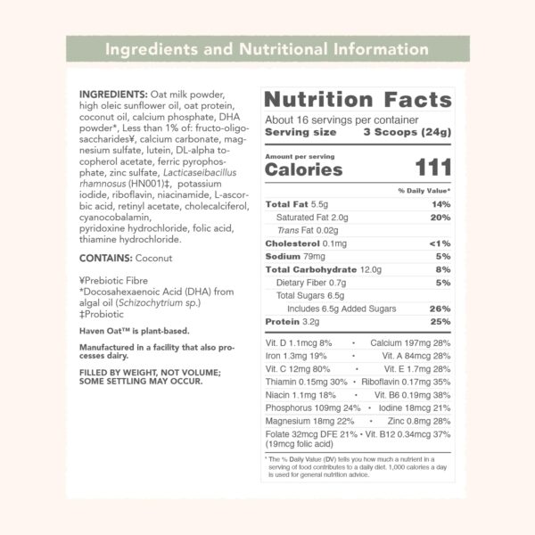 Haven Oat Toddler Formula, Plant Based Dairy Free Oat and Oat Protein Powder for Toddlers With Probiotics, Prebiotics, Lutein and Omega 3 Dha, Easy Digestion Formula, Non GMO, American Made, 14.1 Oz : Baby - Image 9