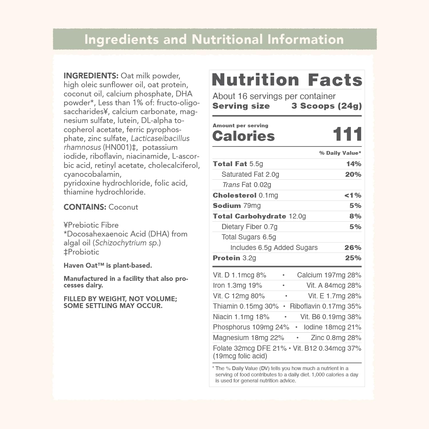 Haven Oat Toddler Formula, Plant Based Dairy Free Oat and Oat Protein Powder for Toddlers With Probiotics, Prebiotics, Lutein and Omega 3 Dha, Easy Digestion Formula, Non GMO, American Made, 14.1 Oz : Baby - Image 9