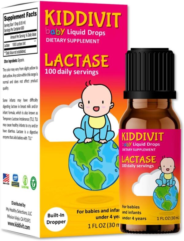 Kiddivit Baby Lactase Drops 1000 Units – Gentle Digestive Support Enzyme Supplement – 100 Daily Servings – Built-in Dropper, Glass Bottle – Gluten Free, Vegetarian, 1oz : Health & Household