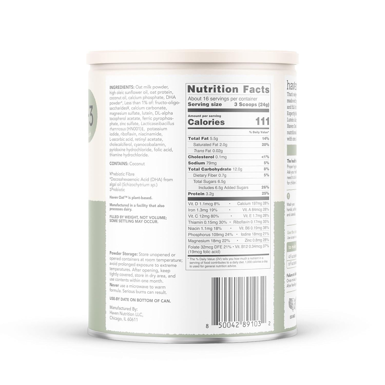 Haven Oat Toddler Formula, Plant Based Dairy Free Oat and Oat Protein Powder for Toddlers With Probiotics, Prebiotics, Lutein and Omega 3 Dha, Easy Digestion Formula, Non GMO, American Made, 14.1 Oz : Baby - Image 8