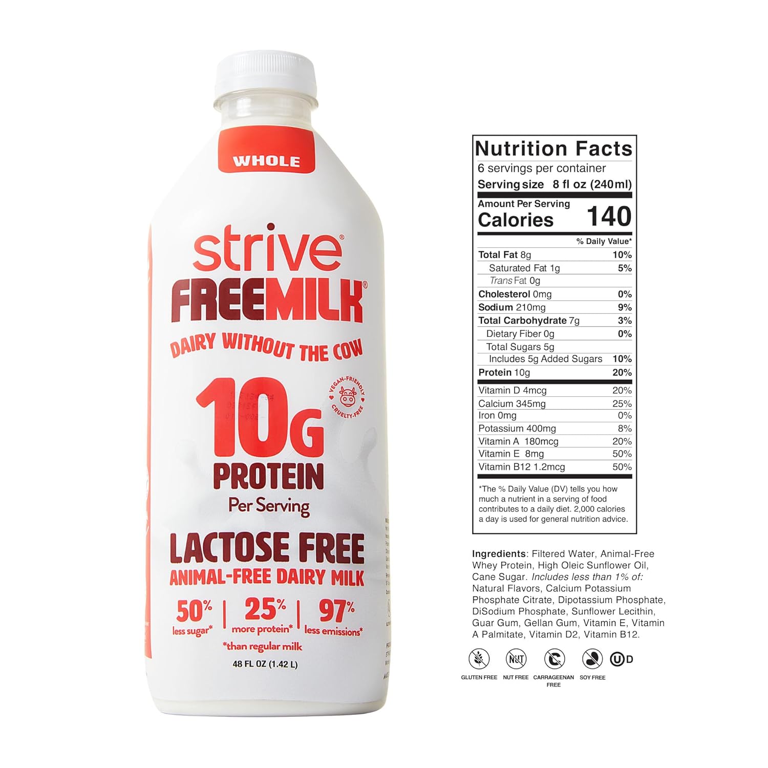 Strive FREEMILK, Animal-Free Dairy Milk, 48 oz Carton (Pack of 6), Lactose Free, 10g Protein per Serving, Alt Milk, Shelf Stable, Precision Fermentation, Vegan-Friendly : Grocery & Gourmet Food - Image 7