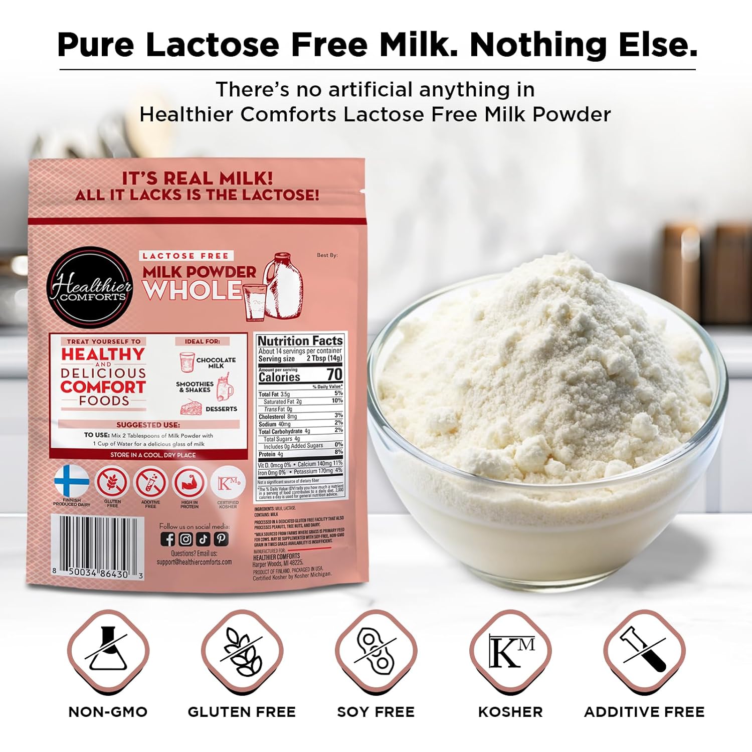 Healthier Comforts Lactose Free Whole Milk Powder | Non-GMO, rBST Hormone Free, Kosher, Gluten Free, No Fillers | Baking, Coffee Creamer, Shakes, Pantry Staple, Camping | Makes 14 cups (7 oz) : Grocery & Gourmet Food - Image 4