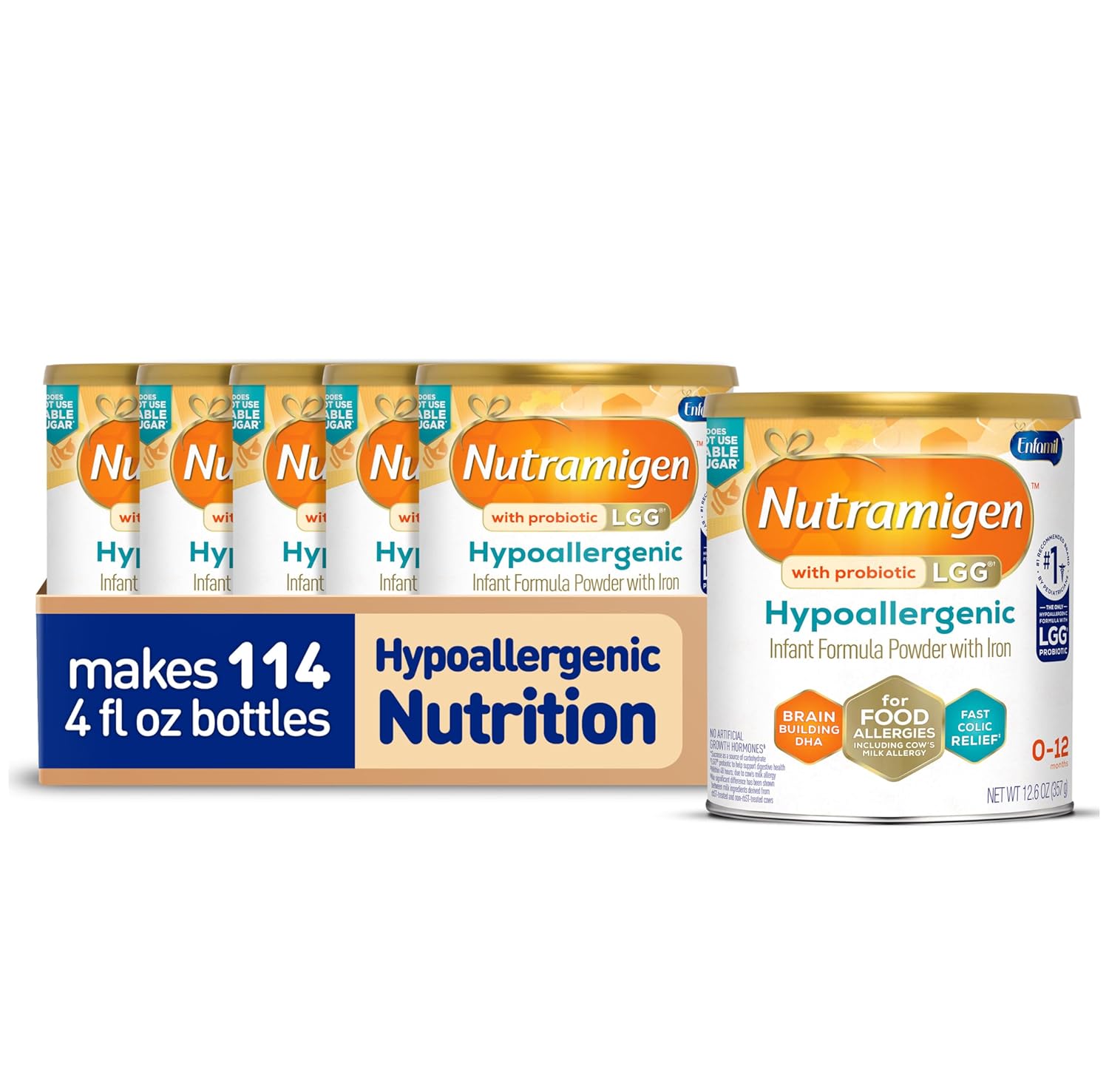 Enfamil Nutramigen Hypoallergenic Baby Formula with Iron, Lactose Free, Colic Relief from Cow's Milk Allergy Starts in 24 Hours, Brain Building DHA, Probiotic LGG for Immune Support, 12.6 Oz Can, Pack of 6