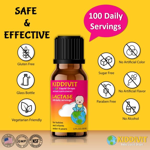 Kiddivit Baby Lactase Drops 1000 Units – Gentle Digestive Support Enzyme Supplement – 100 Daily Servings – Built-in Dropper, Glass Bottle – Gluten Free, Vegetarian, 1oz : Health & Household - Image 5
