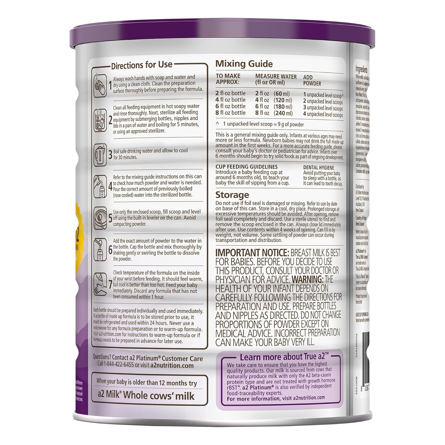 a2 Platinum® Premium Infant Formula for Babies Ages 0-12 Months, Whole Milk Powder-Based Formula with Iron, Nutritionally Complete, Made with Pure and Natural a2 Milk®, 31.7- oz Can, Pack of 6 : Baby - Image 9