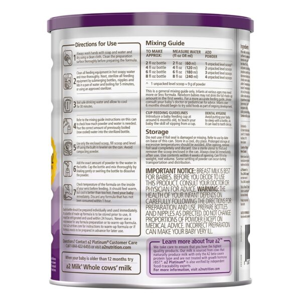 a2 Platinum® Premium Infant Formula for Babies Ages 0-12 Months, Whole Milk Powder-Based Formula with Iron, Nutritionally Complete, Made with Pure and Natural a2 Milk®, 31.7- oz Can, Pack of 6 : Baby - Image 18