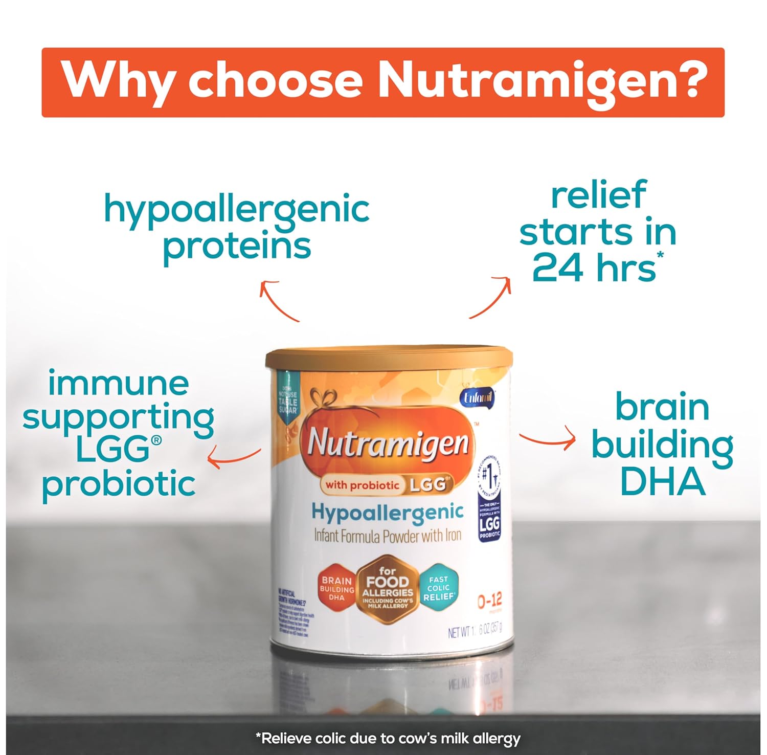 Enfamil Nutramigen Hypoallergenic Baby Formula with Iron, Lactose Free, Colic Relief from Cow's Milk Allergy Starts in 24 Hours, Brain Building DHA, Probiotic LGG for Immune Support, 12.6 Oz Can, Pack of 6 - Image 5
