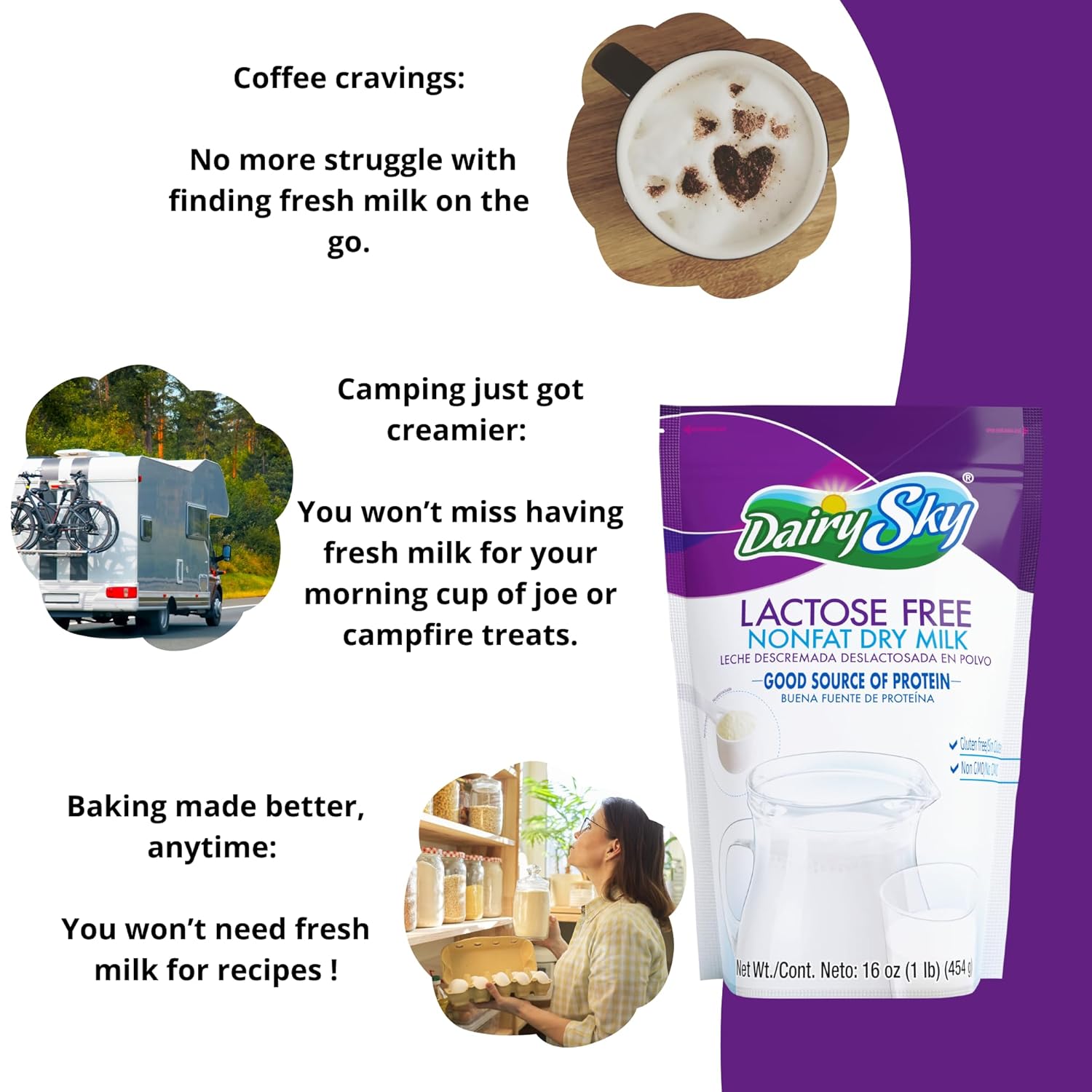 DairySky Lactose Free Milk Powder 16 Oz - Non GMO Fat Free Powdered Milk for Baking & Coffee, Kosher with Protein & Calcium, Great Substitute for Liquid Milk, RBST Hormone - Free - 1 Pack : Grocery & Gourmet Food - Image 7