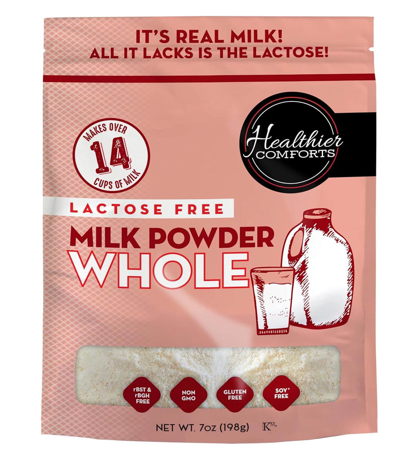 Healthier Comforts Lactose Free Whole Milk Powder | Non-GMO, rBST Hormone Free, Kosher, Gluten Free, No Fillers | Baking, Coffee Creamer, Shakes, Pantry Staple, Camping | Makes 14 cups (7 oz) : Grocery & Gourmet Food