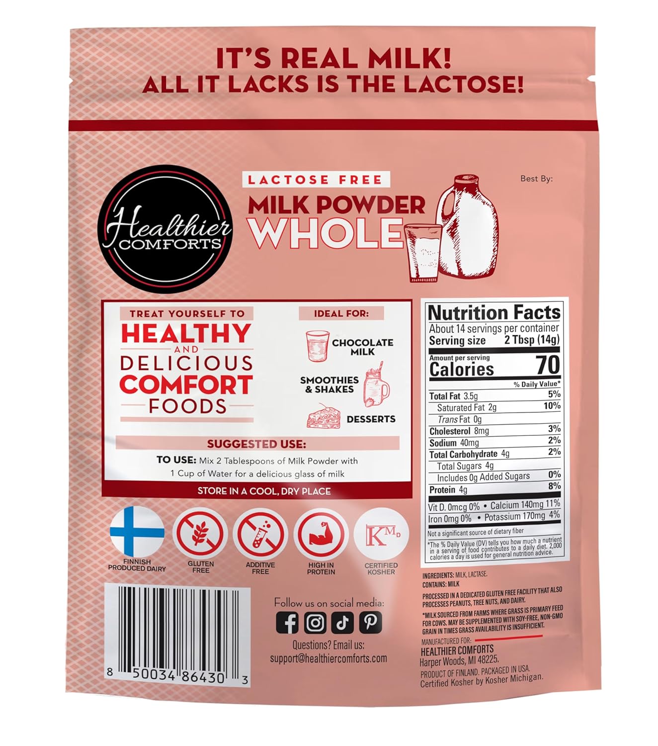 Healthier Comforts Lactose Free Whole Milk Powder | Non-GMO, rBST Hormone Free, Kosher, Gluten Free, No Fillers | Baking, Coffee Creamer, Shakes, Pantry Staple, Camping | Makes 14 cups (7 oz) : Grocery & Gourmet Food - Image 9