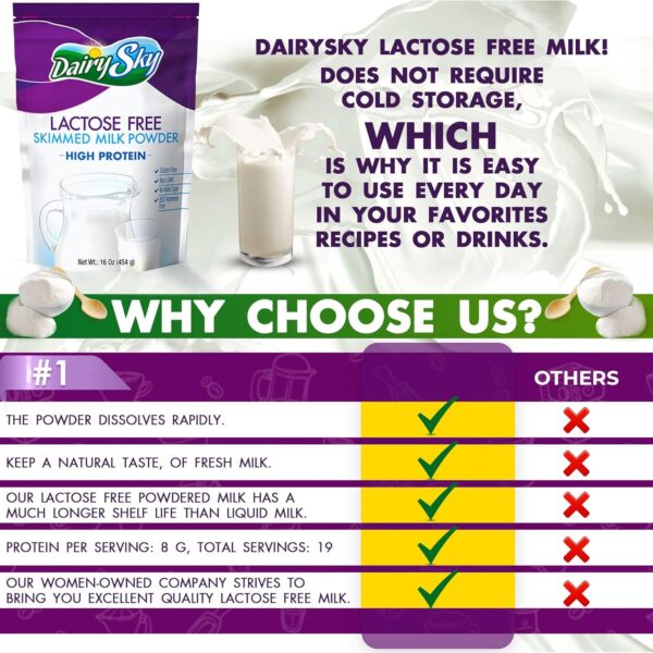 DairySky Lactose Free Milk Powder 16 Oz - Non GMO Fat Free Powdered Milk for Baking & Coffee, Kosher with Protein & Calcium, Great Substitute for Liquid Milk, RBST Hormone - Free - 1 Pack : Grocery & Gourmet Food - Image 12