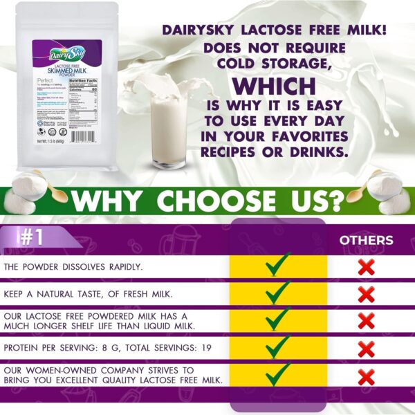 DairySky Lactose Free Milk Powder 24 Oz - Non GMO Fat Free Powdered Milk for Baking & Coffee, Kosher with Protein & Calcium | Great Substitute for Liquid Milk | RBST Hormone - Free - 1 Pack : Grocery & Gourmet Food - Image 8
