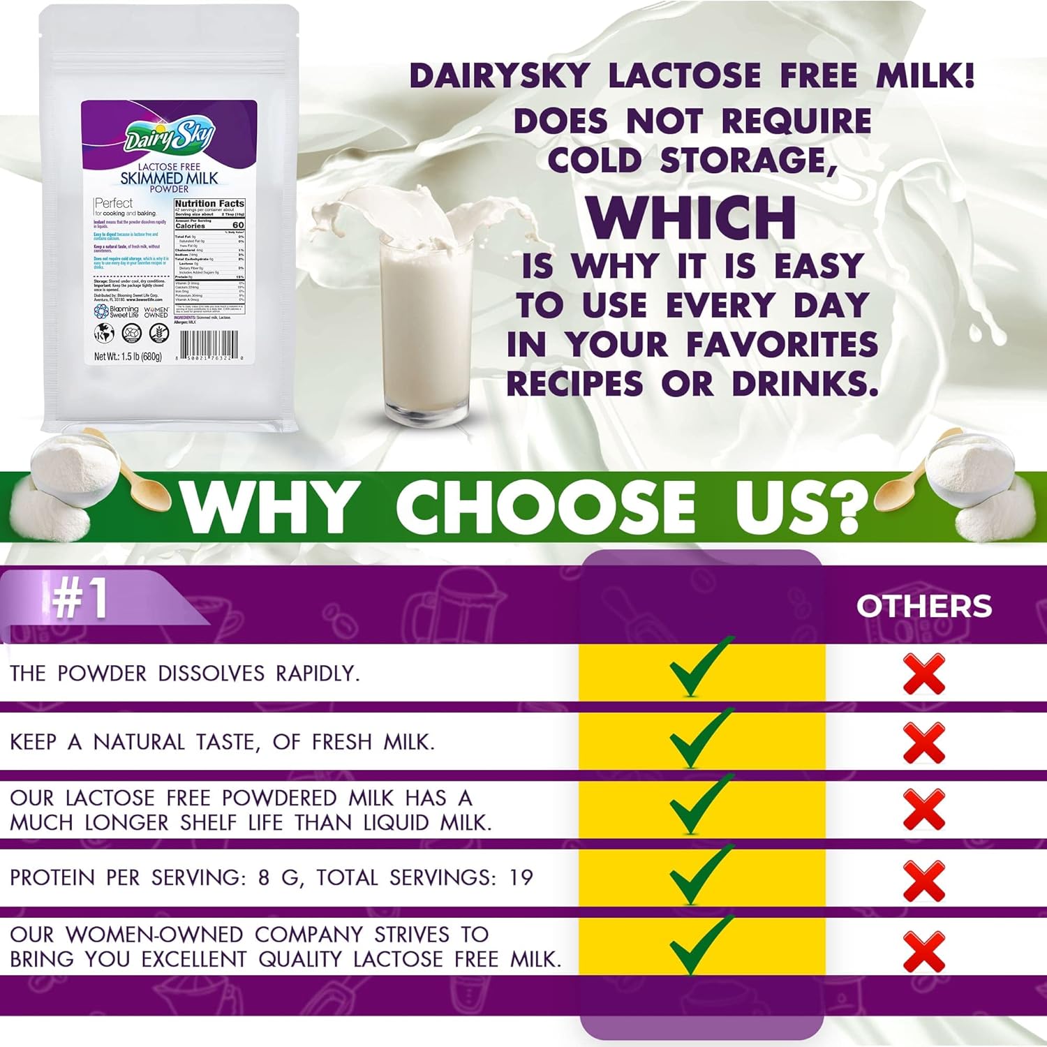 DairySky Lactose Free Milk Powder 24 Oz - Non GMO Fat Free Powdered Milk for Baking & Coffee, Kosher with Protein & Calcium | Great Substitute for Liquid Milk | RBST Hormone - Free - 1 Pack : Grocery & Gourmet Food - Image 8