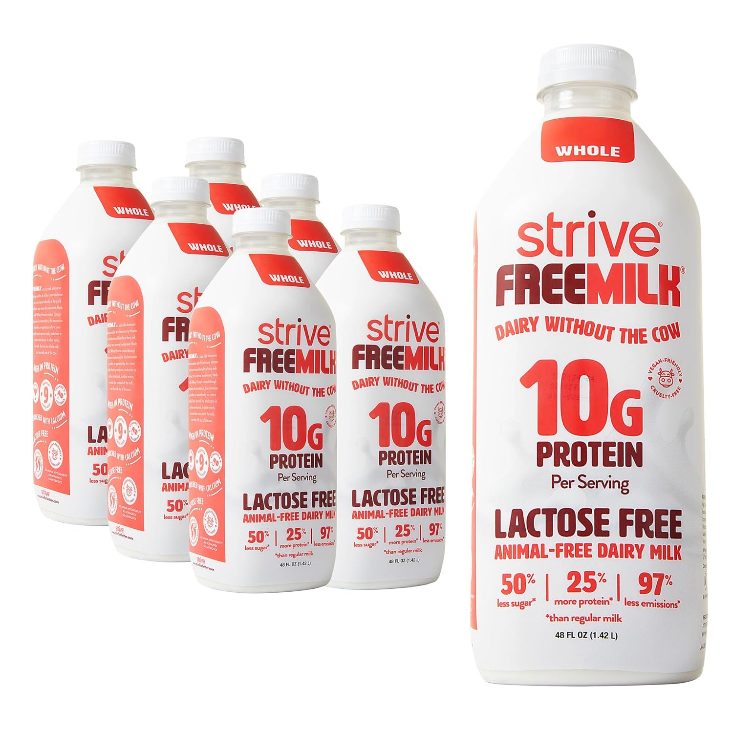 Strive FREEMILK, Animal-Free Dairy Milk, 48 oz Carton (Pack of 6), Lactose Free, 10g Protein per Serving, Alt Milk, Shelf Stable, Precision Fermentation, Vegan-Friendly : Grocery & Gourmet Food