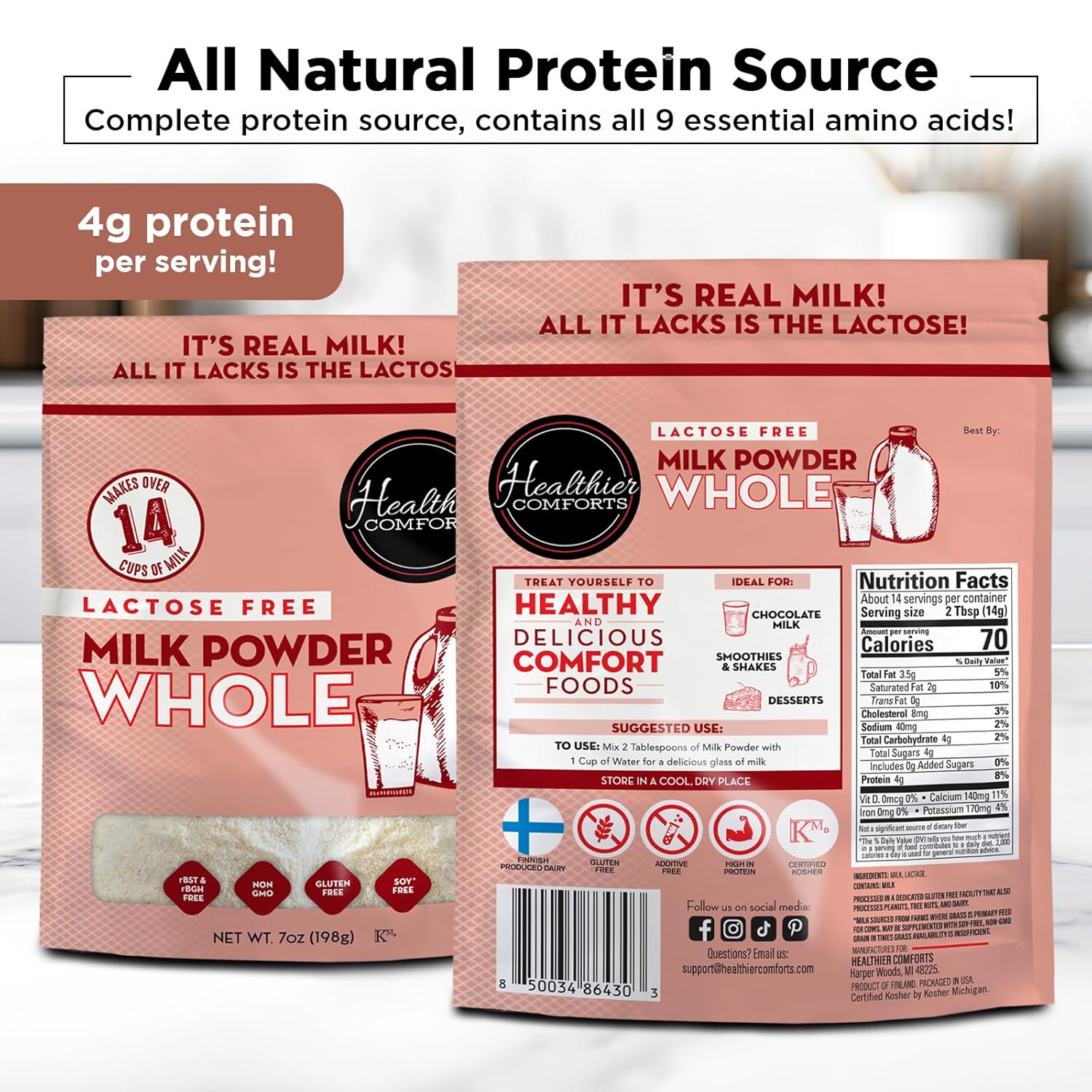Healthier Comforts Lactose Free Whole Milk Powder | Non-GMO, rBST Hormone Free, Kosher, Gluten Free, No Fillers | Baking, Coffee Creamer, Shakes, Pantry Staple, Camping | Makes 14 cups (7 oz) : Grocery & Gourmet Food - Image 5