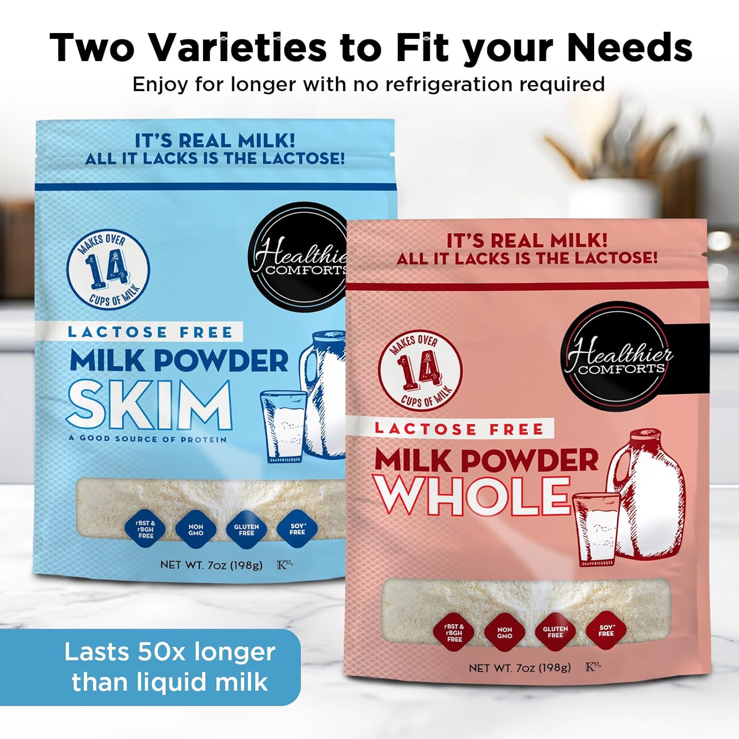 Healthier Comforts Lactose Free Whole Milk Powder | Non-GMO, rBST Hormone Free, Kosher, Gluten Free, No Fillers | Baking, Coffee Creamer, Shakes, Pantry Staple, Camping | Makes 14 cups (7 oz) : Grocery & Gourmet Food - Image 3