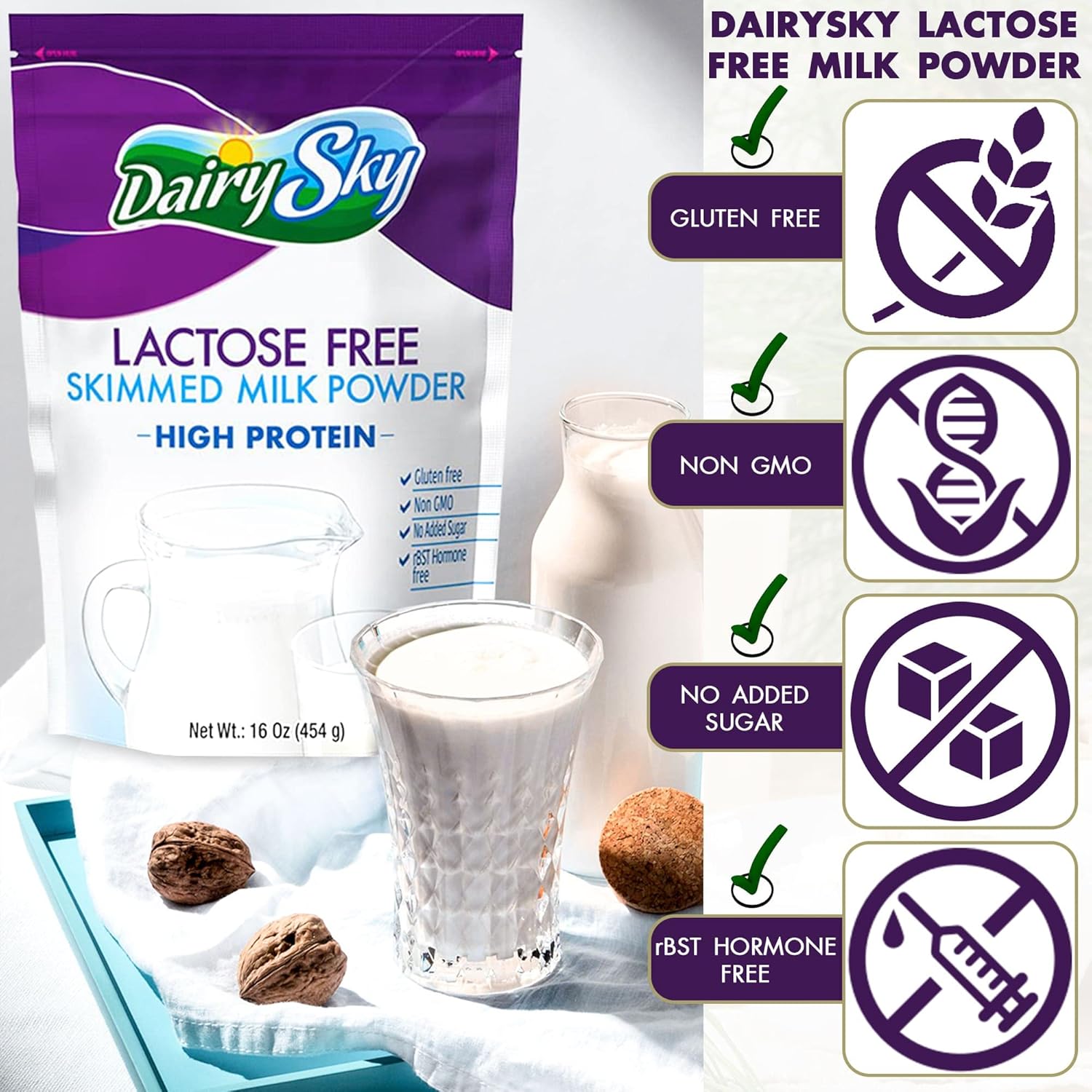 DairySky Lactose Free Milk Powder 16 Oz - Non GMO Fat Free Powdered Milk for Baking & Coffee, Kosher with Protein & Calcium, Great Substitute for Liquid Milk, RBST Hormone - Free - 1 Pack : Grocery & Gourmet Food - Image 5