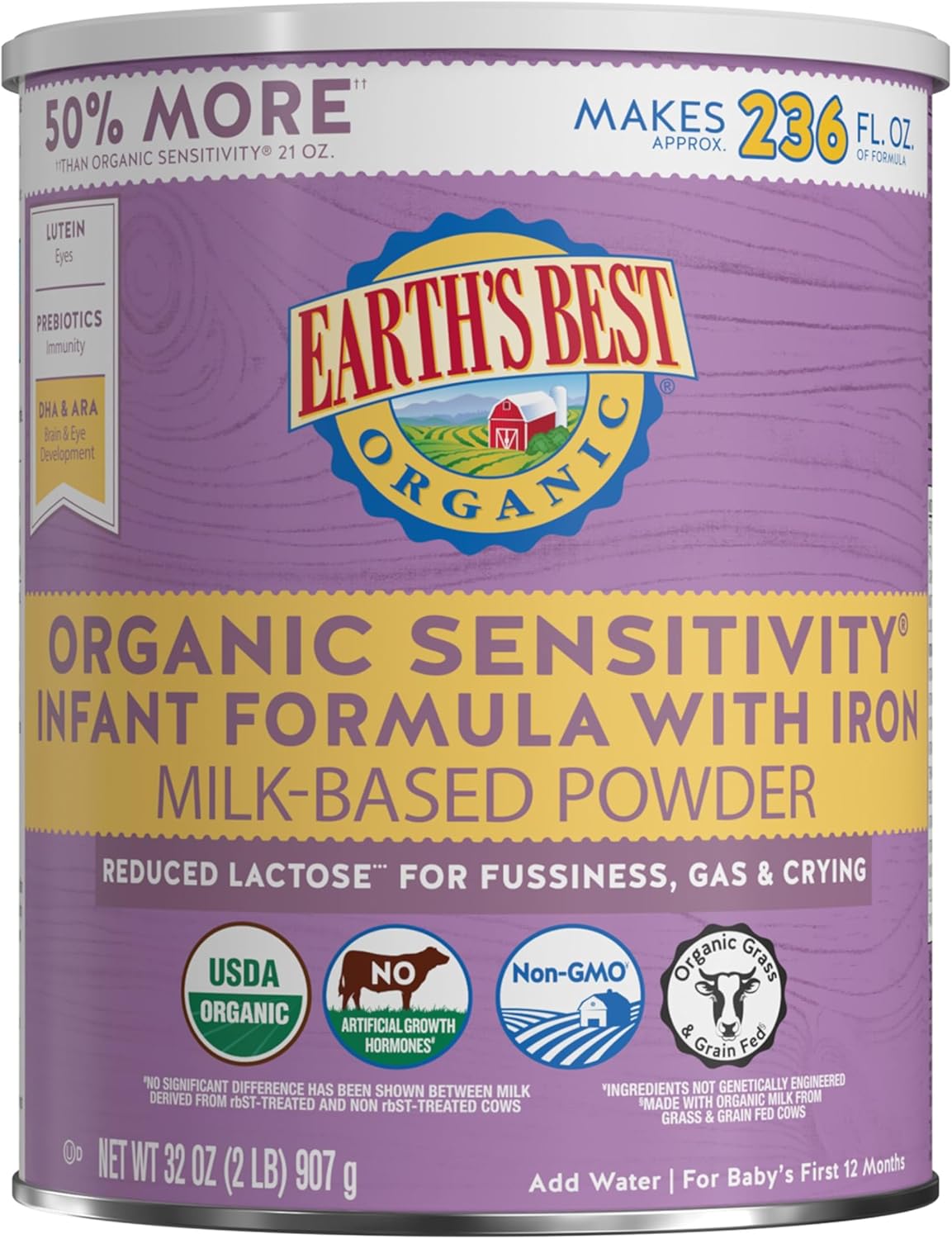 Earth's Best Organic Sensitivity Infant Formula for Babies 0-12 Months, Reduced Lactose Powder Formula with Iron, Omega-3 DHA, and Omega-6 ARA, 32 Ounce Value Container : Baby