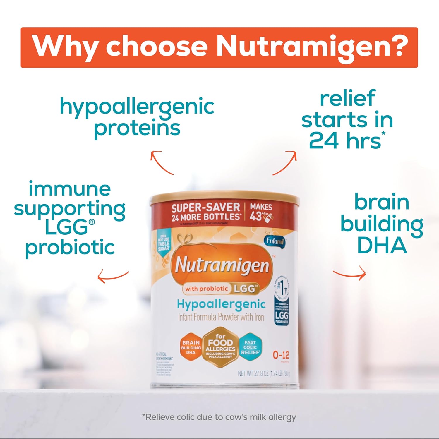 Enfamil Nutramigen Hypoallergenic Baby Formula with Iron, Lactose Free, Colic Relief from Cow's Milk Allergy Starts in 24 Hours, Brain Building DHA, Probiotic LGG for Immune Support, 27.8 Oz Can - Image 4