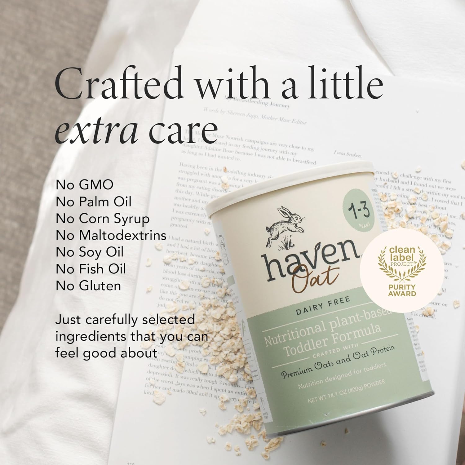 Haven Oat Toddler Formula, Plant Based Dairy Free Oat and Oat Protein Powder for Toddlers With Probiotics, Prebiotics, Lutein and Omega 3 Dha, Easy Digestion Formula, Non GMO, American Made, 14.1 Oz : Baby - Image 2
