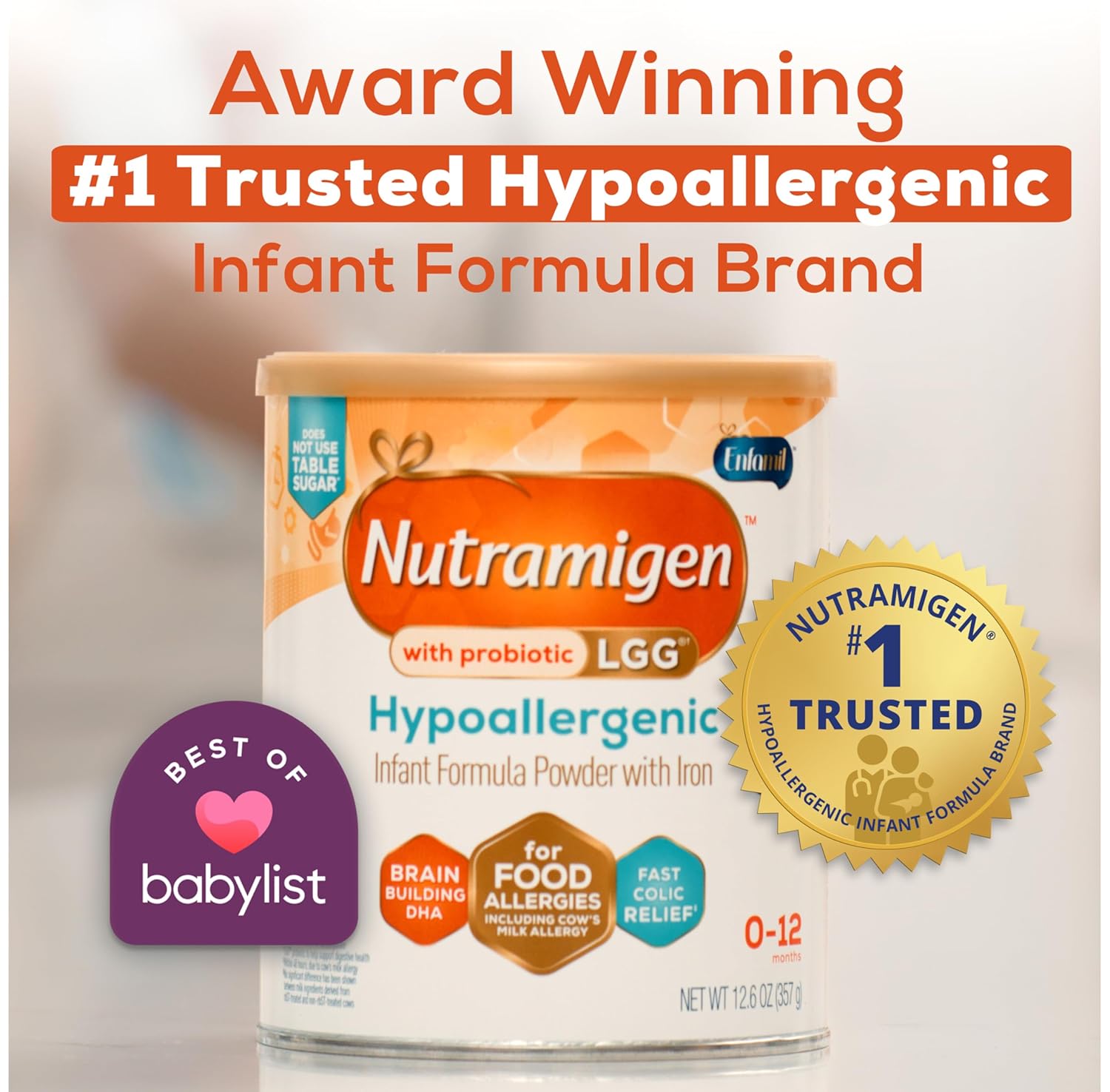 Enfamil Nutramigen Hypoallergenic Baby Formula with Iron, Lactose Free, Colic Relief from Cow's Milk Allergy Starts in 24 Hours, Brain Building DHA, Probiotic LGG for Immune Support, 12.6 Oz Can, Pack of 6 - Image 6